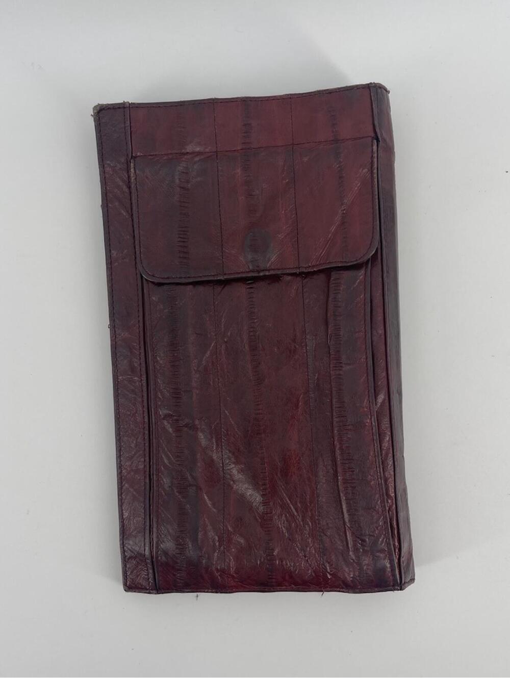 Vintage Burgundy Eel Skin Leather Checkbook Wallet Clutch Organizer Snap Closure